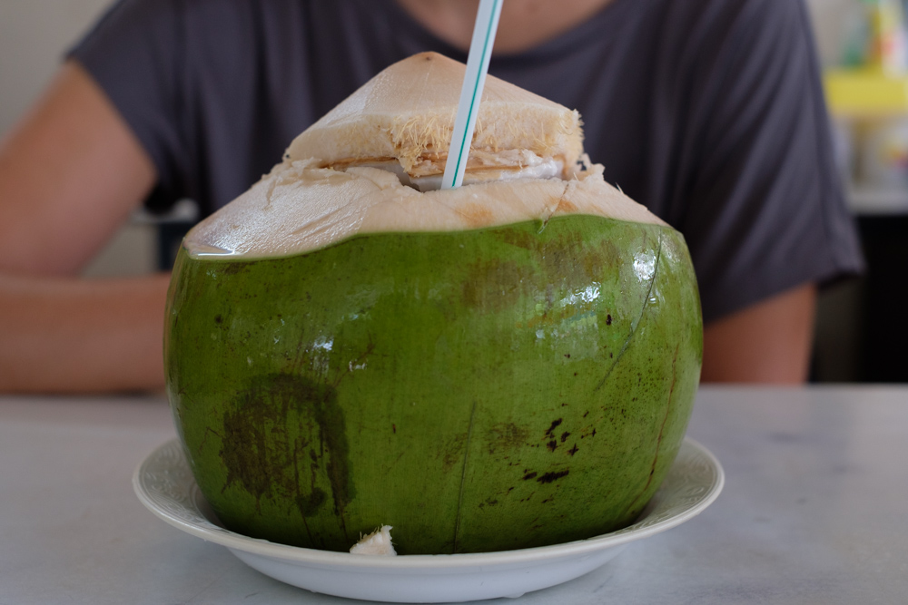 Fresh coconut, full to the brim with water. It took me a second to recognise it as a coconut. It's very different to how we get them in England