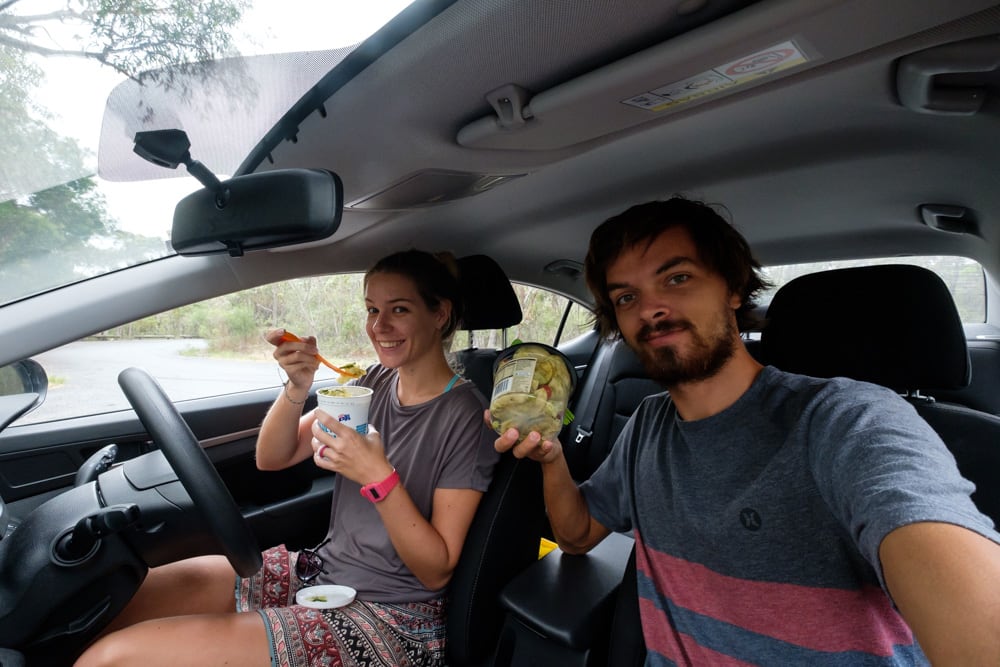 Our first of many car picnics – where we eat last night's dinner which we stuff into old yoghurt pots. Eco-friendly and cheap all at the same time, a traveller's dream