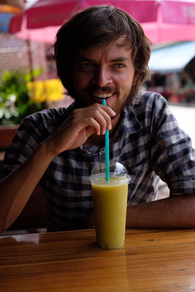 Josh looking smug after the fruitshake combo I said would be disgusting, turned out to be blooming tasty – mango and kiwi
