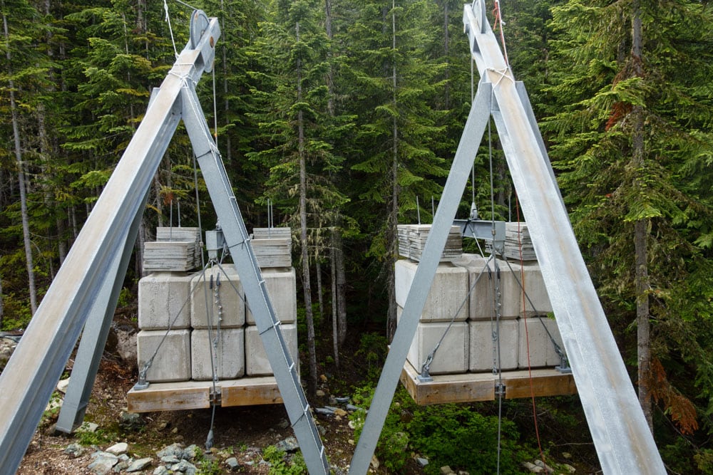 These huge weights held up the 1km of cable for the first zip line